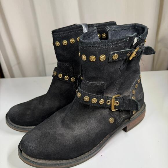 UGG Ankle Boots Black Suede Moto Fabrizia Gold Studs 1003235 Women's Size 7 - Picture 3 of 12